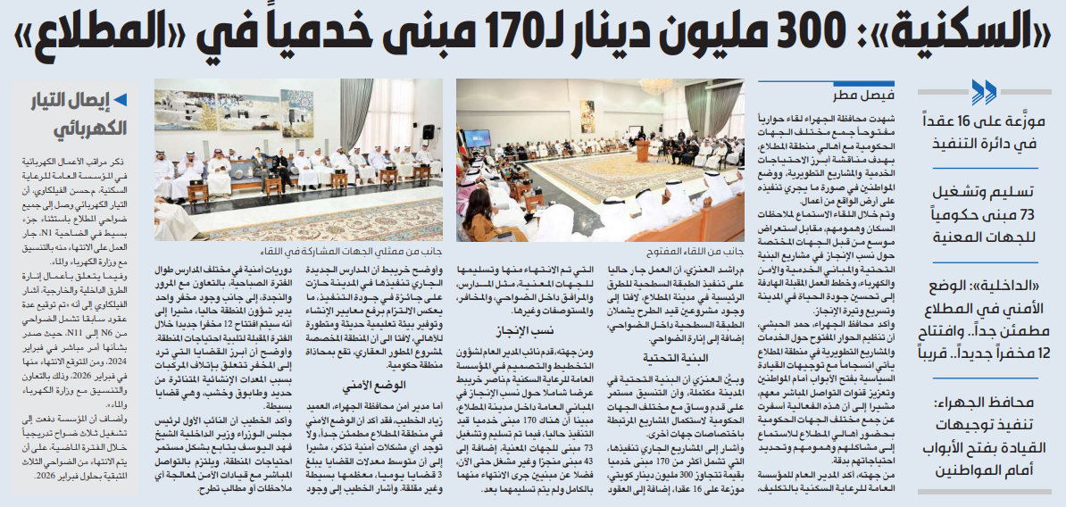 «السكنية»: 300 مليون دينار لـ170 مبنى خدمياً في «المطلاع»  