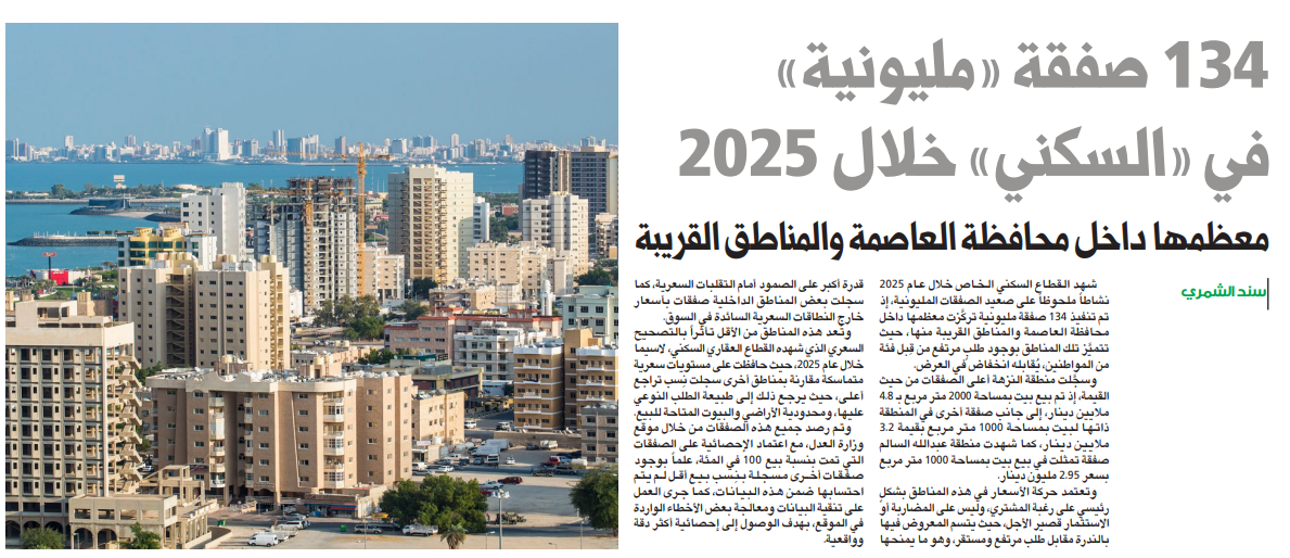 134 صفقة «مليونية» في «السكني» خلال 2025 