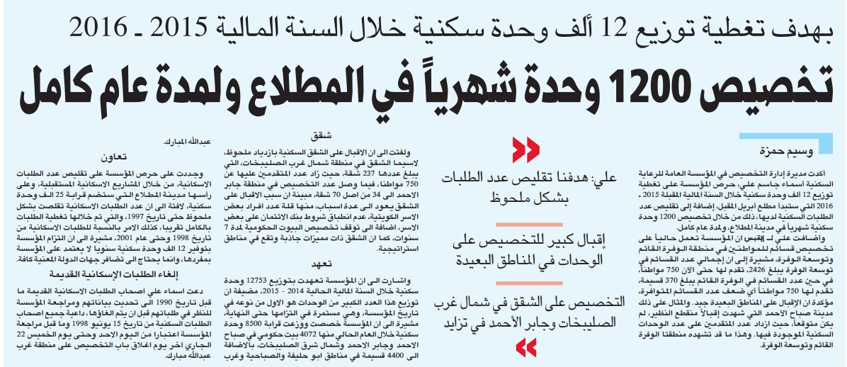 تخصيص 1200 وحدة شهريا فى المطلاع ولمدة عام كامل