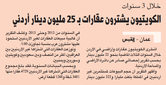 الكويتيون يشترون عقارات ب 25 مليون دينار أردنى