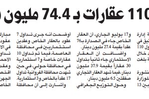 تداول 110 عقارات بـ 74.4 مليون دينار